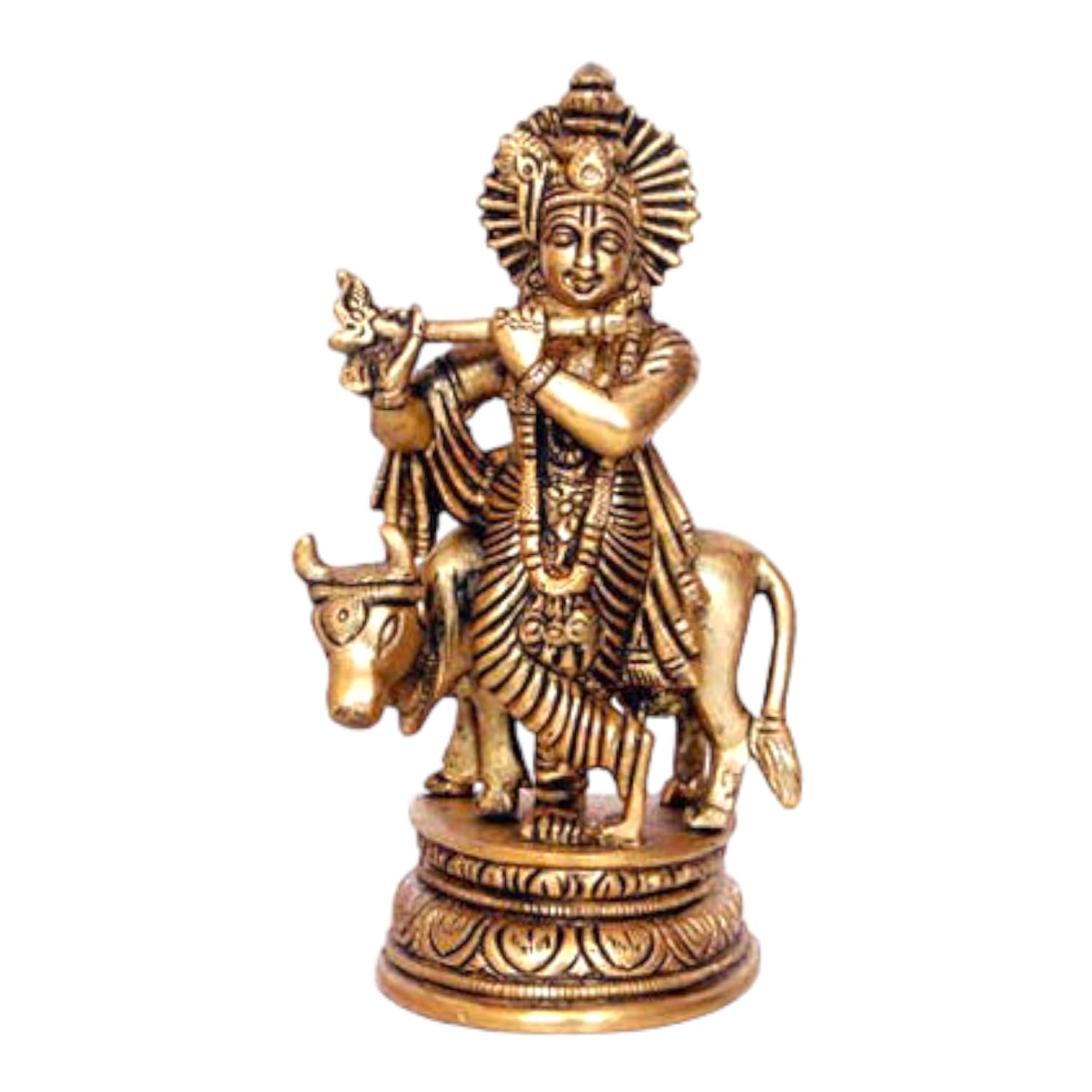 

Ashtadhatu Lord Krishna With Cow Religious Idol, Gold, Pure Brass - 11 Inch