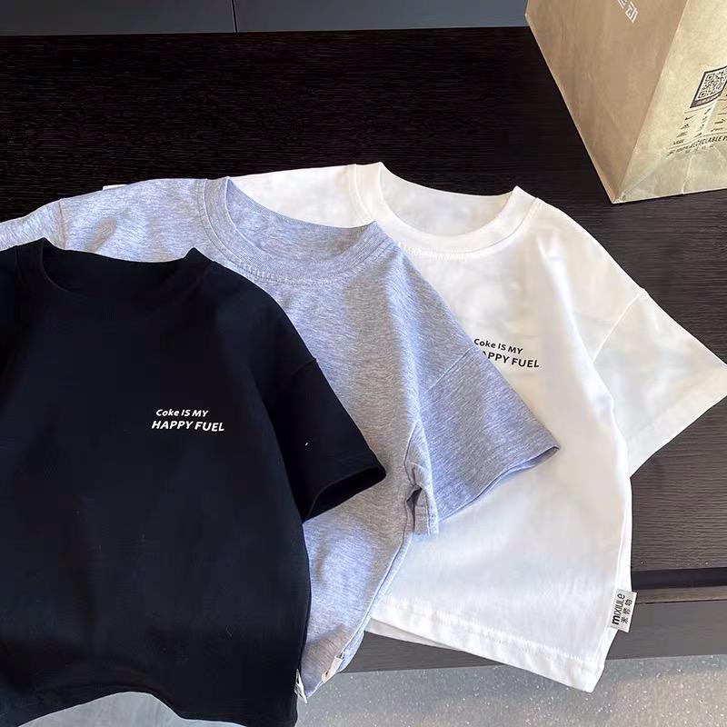 Summer Pure Cotton Kids Round Neck Short Sleeve T Shirt Boys Girls Versatile Solid Print Base Layer Top