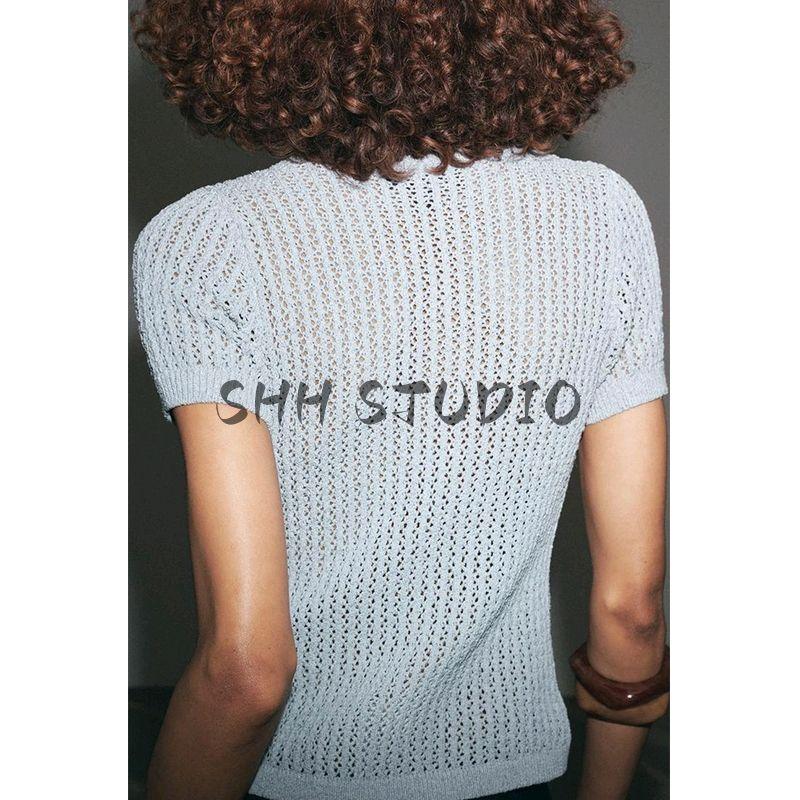 Summer New Product Women's Clothes Sweet Style Single-Breasted Round Neck Short Sleeve Jacquard Mesh Knitting Tops 5802020