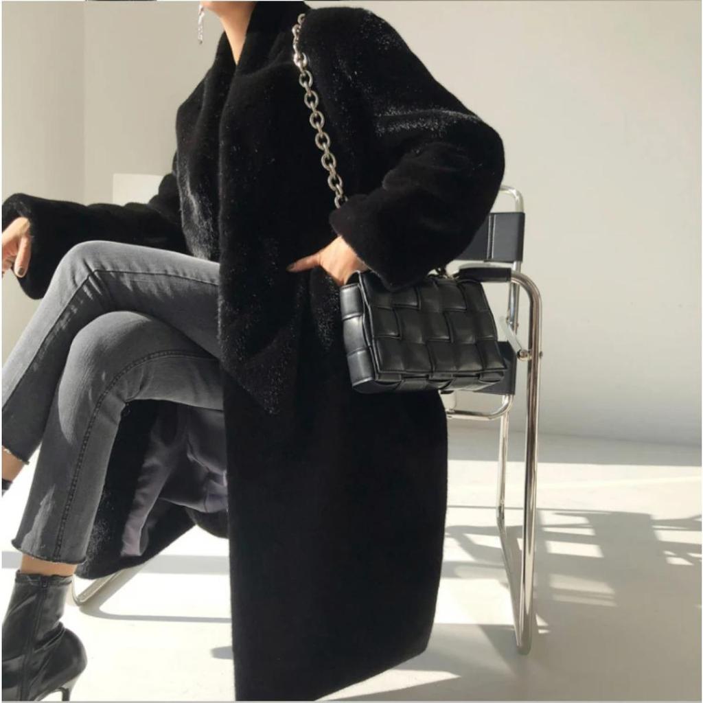 Winter Lang Schwarz Luxuriös Elegant Stilvoll Dick Warm Flauschig Zottelig Weich Faux Nerz Pelzmantel Damen Stehkragen Schärpen