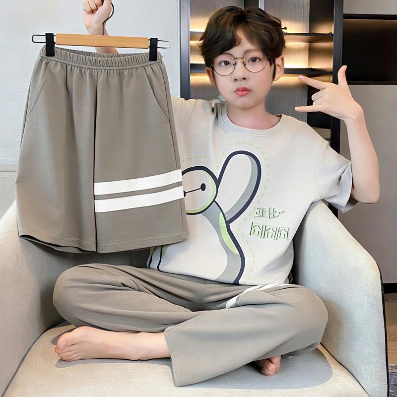 100% Cotton Boys Pajama Set Short Sleeve Long Pants Cartoon Print Comfortable Sleepwear Kids