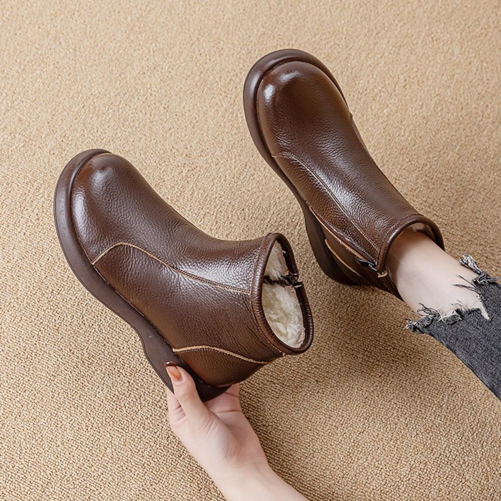 Genuine Top Layer Cowhide Mom Boots, Wool Lined Warm Martin Boots, Thick Sole Soft Leather Winter Short Boots for Women SA‑810