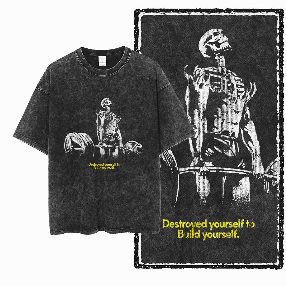 YG BODY BUILDING  Printed Cotton Acid Washed Graphic Unisex T Shirt Cool CROSSFIT Streetwear Men Tshirts Big Size Tee for men