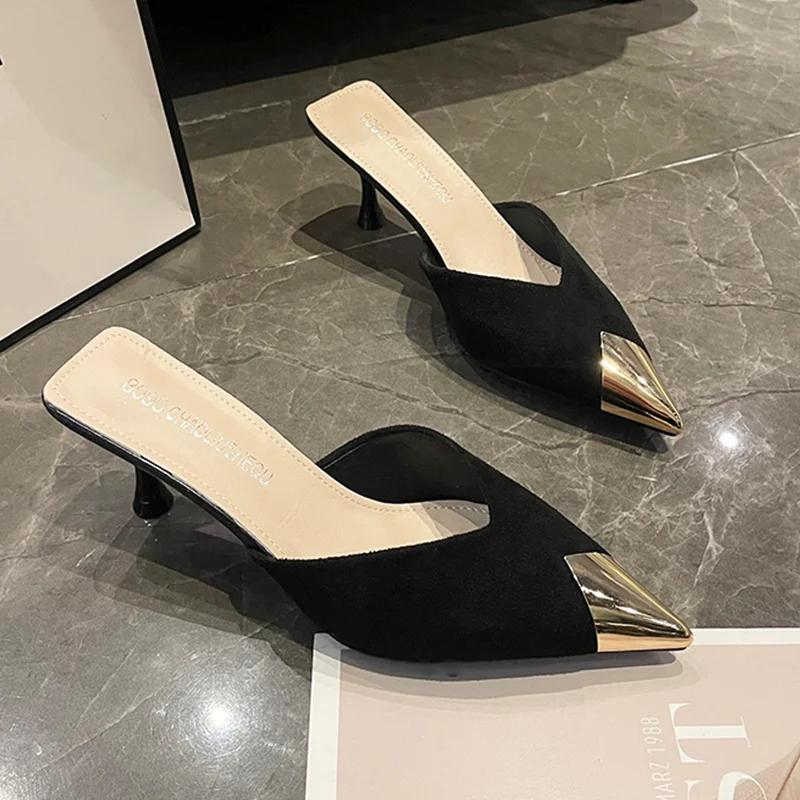 Fashion Pointed Toe Women Slippers Summer Elegant Mid Heels Shoes Fashion Dress Woman Pumps 2025 Trend Brand Casual Cozy Female Sandals