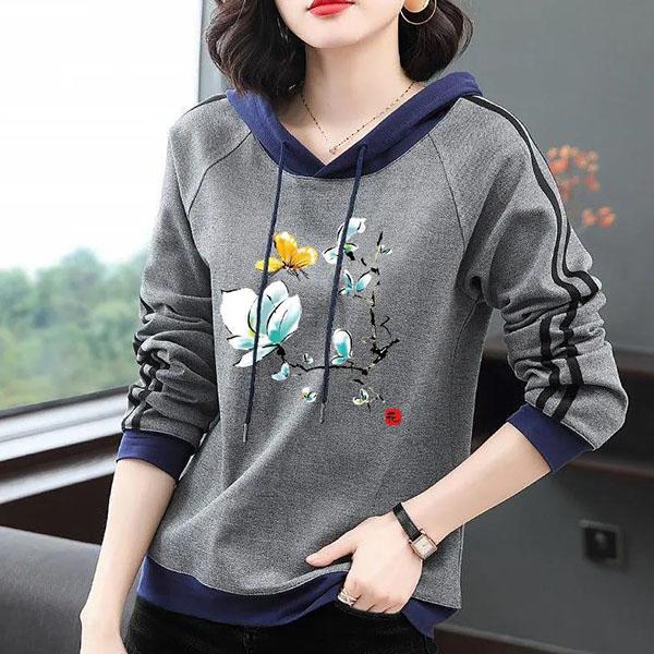 

Женский весенне-осенний хлопковый свитер с капюшоном, свободные топы большого размера с принтом, женский пуловер с длинными рукавами и капюшоном, пальто M серый