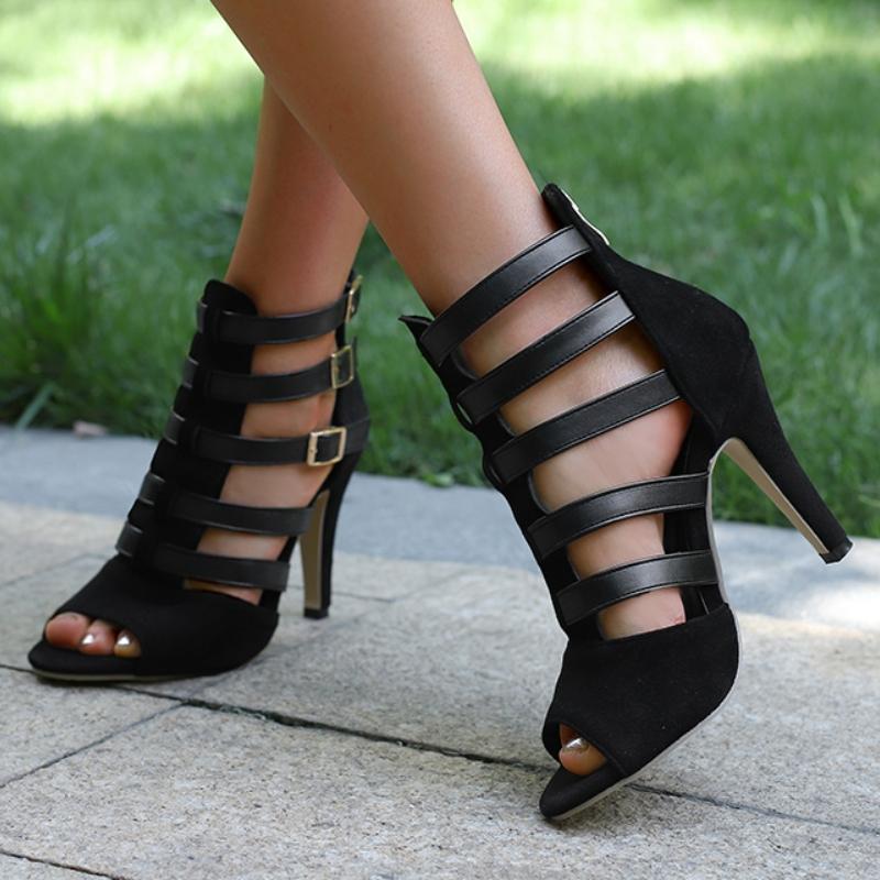 Sexy Women's Sandals Summer Shoes 2025 Buckle Cut-outs Black Blue High Heels Ankle Boots Female Party Dance Shoes Large Size