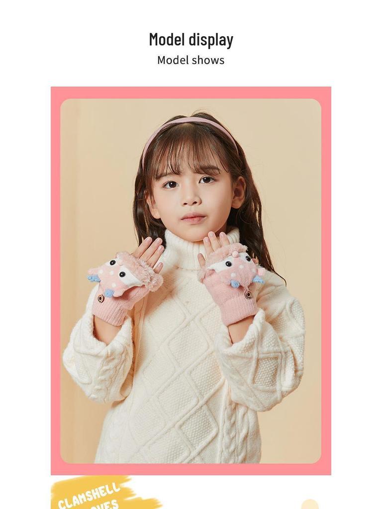 Kinder Rentier Fleece-gefütterte Fäustlinge mit Klappe, Gestrickt für Wärme, Halbfinger-Stil, Ideal zum Schreiben, Alter 3-10 Jahre, Herbst/Winter.