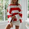 Autumn and Winter Women's Sweater, Women's Rolled Edge Round Neck Striped Color Blocked Knit Sweater
