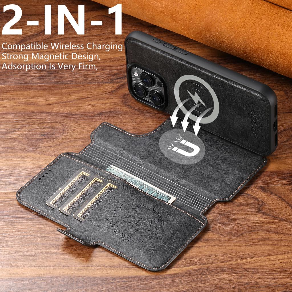 SUTENI Q-07 For iPhone 16 Pro Max Case Magnetic Color Splicing Cowhide Texture Leather Cover