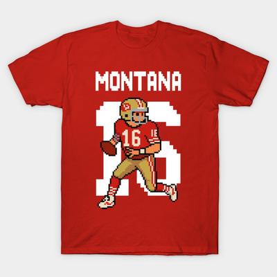 Asian Size Men Black Print T-shirt Joe Montana 49Ers Retro Pixel Quarterback Throwback Art No-Cut Heat Transfer Print Cotton Tshirt