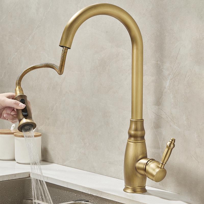 Elegant European-Style Brass Kitchen Faucet with Pull-Out Sprayer for Hot and Cold Water