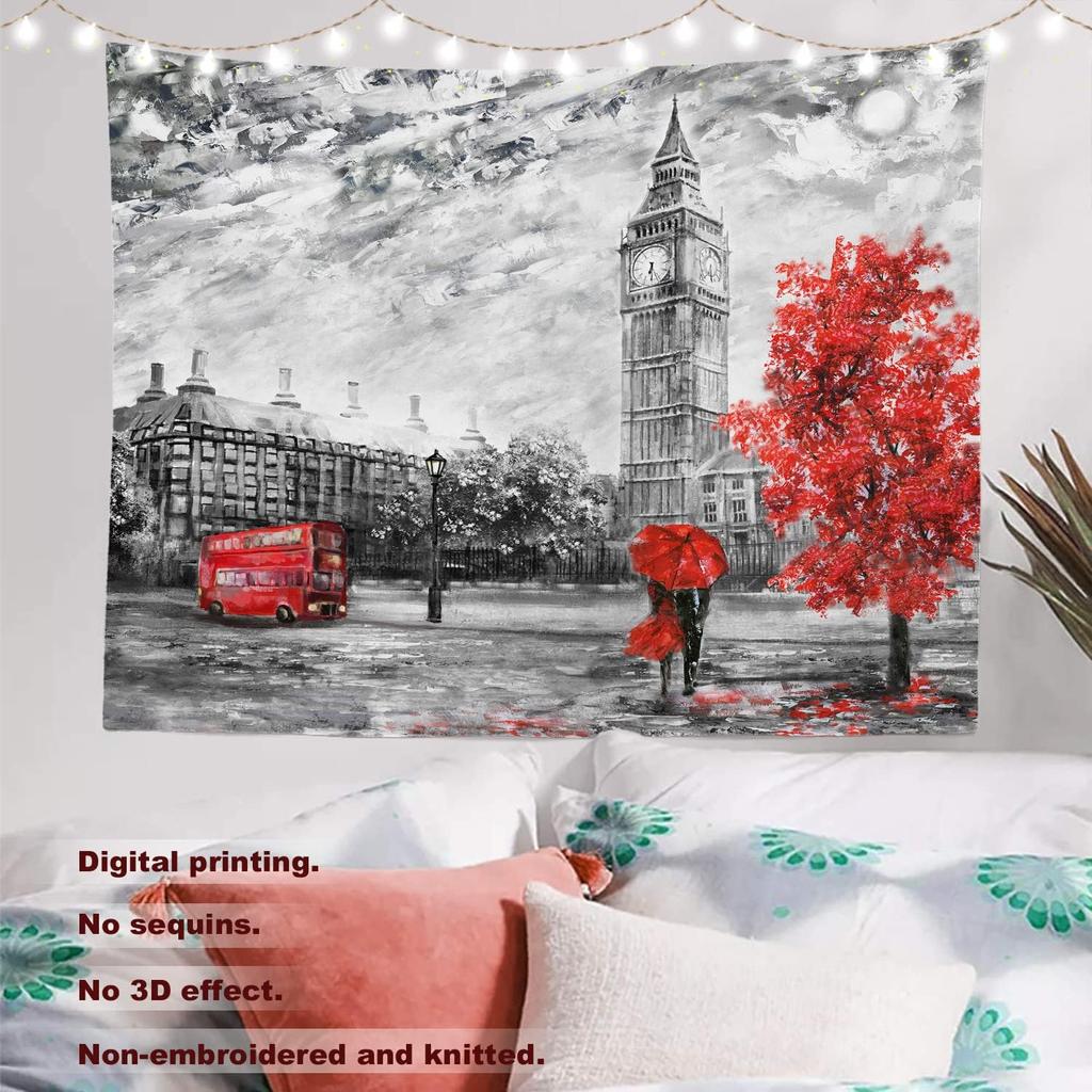 Black and White England Landmark Picnic Mat Hippie Trippy Tapestry Wall Art Meditation Decor for Bedroom Living Room Dorm, Red