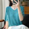 Women Knit T-shirt Summer Knitted Shirt Short Sleeve Tees V-neck Pullover Knit Tops Female