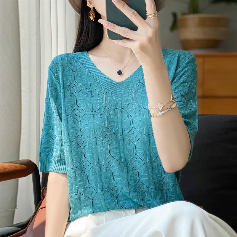 Women Knit T-shirt Summer Knitted Shirt Short Sleeve Tees V-neck Pullover Knit Tops Female
