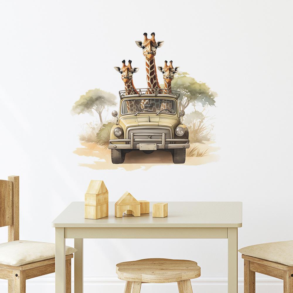 Cartoon Three Giraffe Car Children's Bedroom Living Room Wall Decoration Wall Stickers