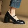 Comfortable Thick Heel Buckle Leather Casual Women's Small Leather Shoes New Black Leather Single Shoes Women's Head Large Size Medium Heel