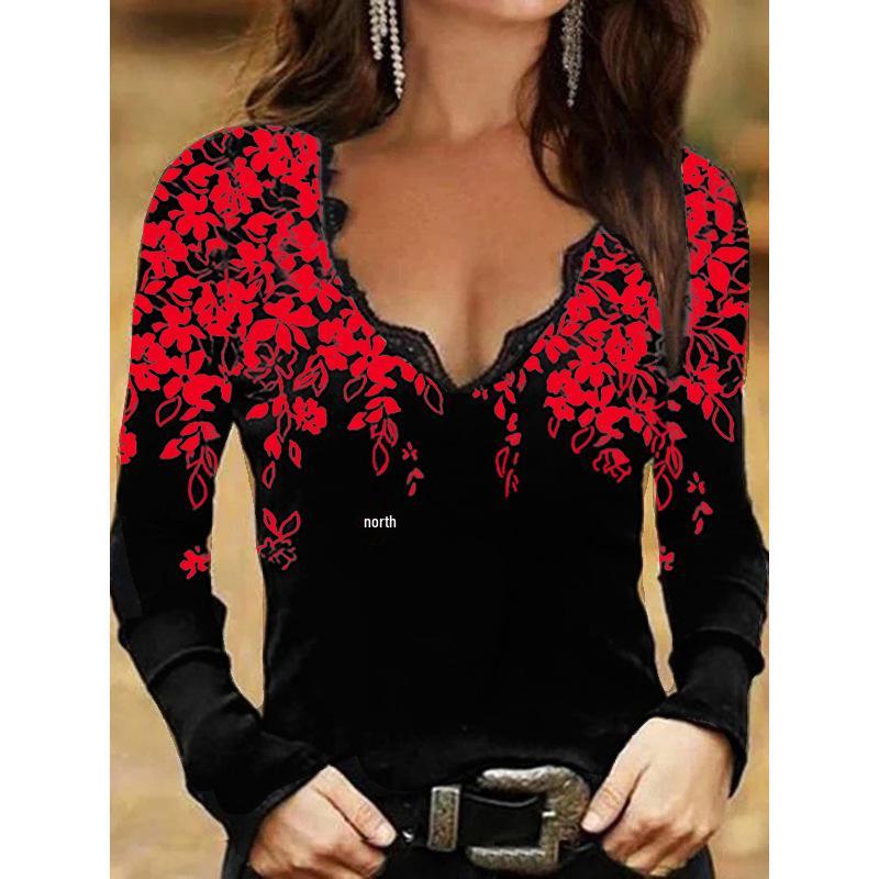 Tricou de damă cu mânecă lungă, cu decolteu în V și imprimeu floral, toamnă/iarnă 2023