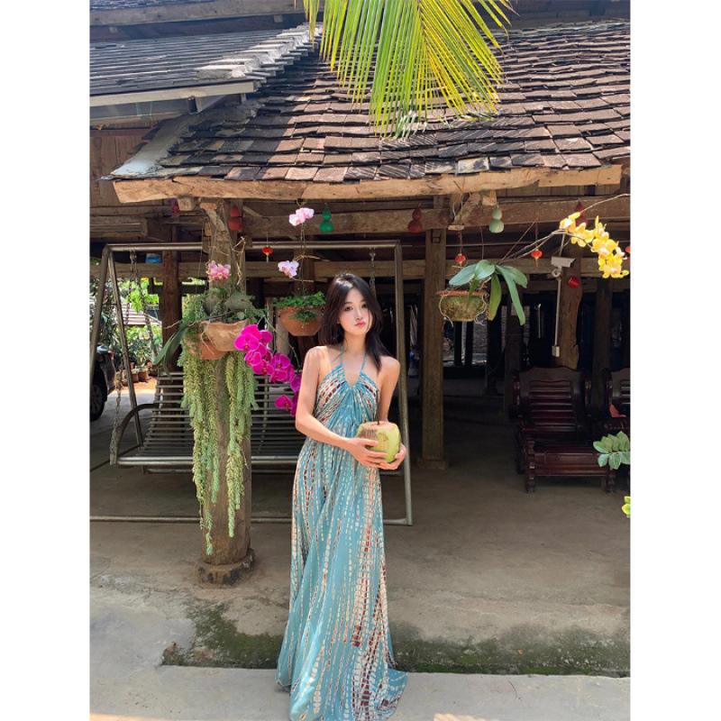 

Тайское платье-сарафан с халтером, женское сексуальное платье без спины для путешествий на море, отпуска, фотосессии, длинная юбка, темпераментная пляжная юбка, лето XL