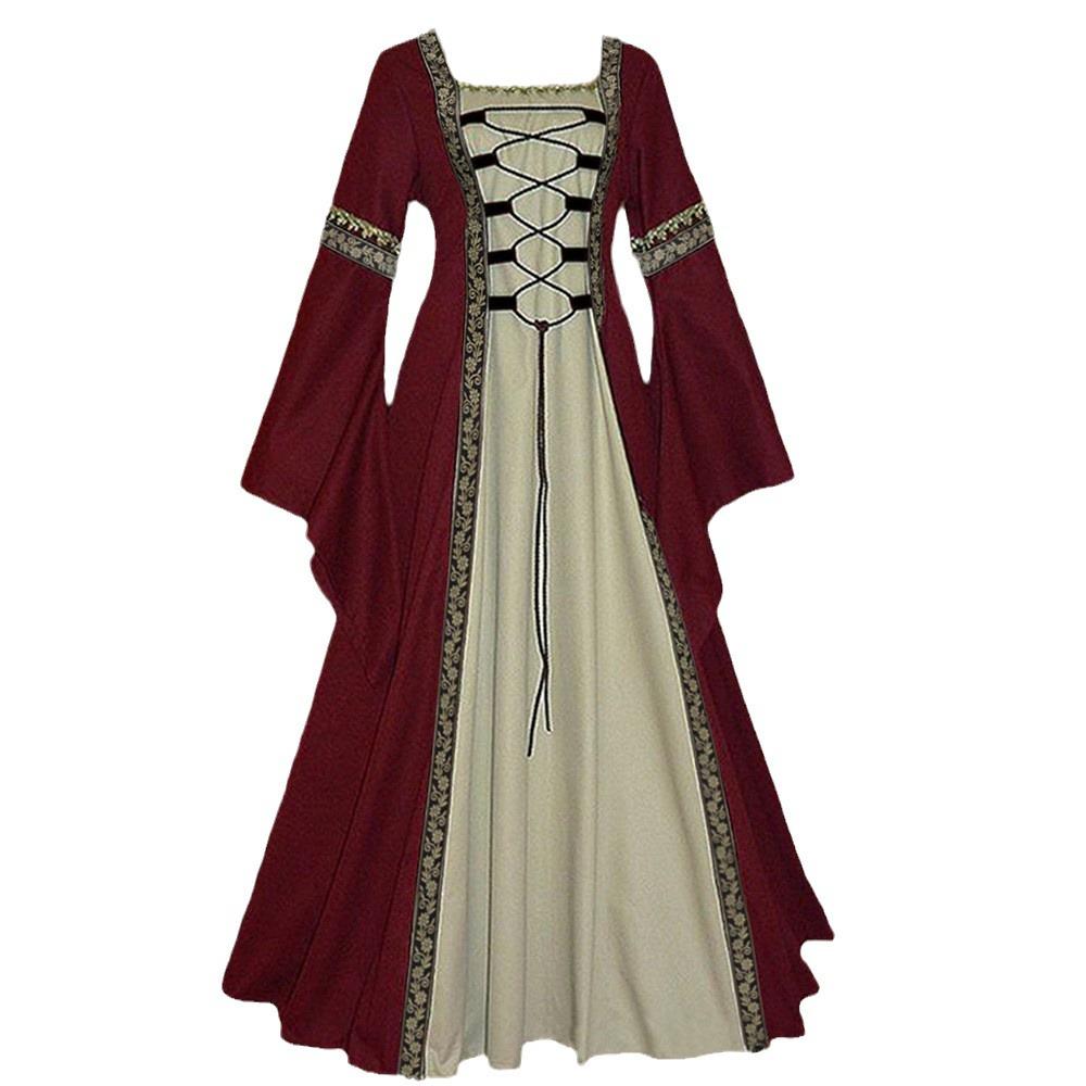 European & American Gothic Medieval Square Neck Bell Sleeve Plus Size Dress