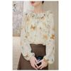 Dames Beige Vlinderprint Ruchekraag Lange Mouwen Blouse