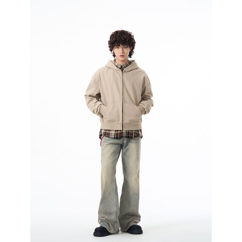 Kisko American Retro Pure Color Zipper Hooded Sweatshirt Spring & Fall Cleanfit Loose Short Loose Jacket for Men