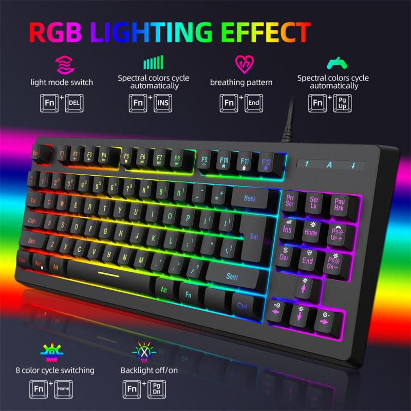 Tastatură pentru jocuri cu control prin cablu Y200 RGB Iluminare din spate colorată Tastatură USB cu 87 de taste pentru laptop PC desktop