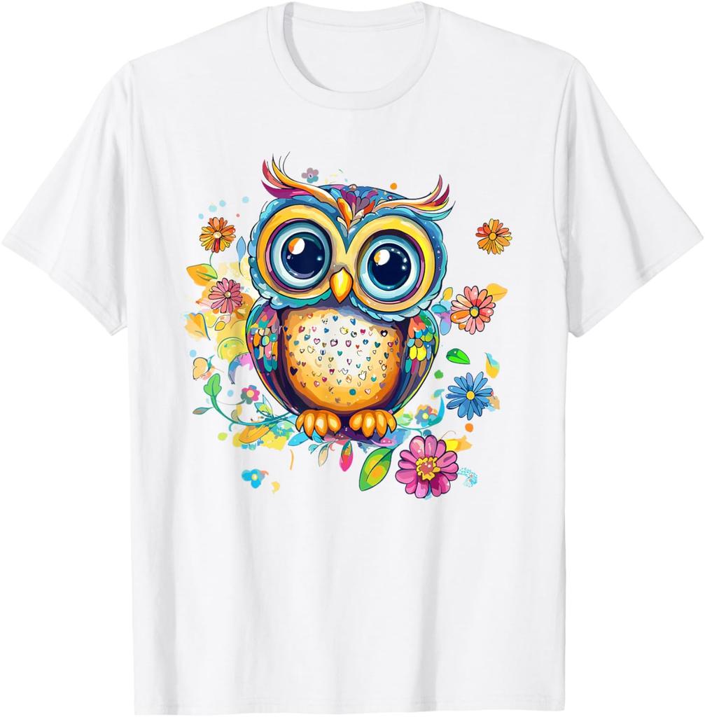 Vibrant Owl With Colorful Flowers Graphic T-Shirt Casual Cotton Print Crewneck Tee