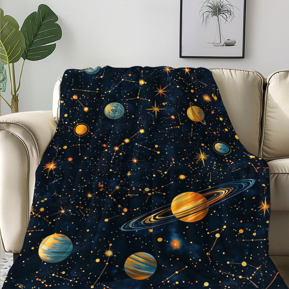 1pc Cozy Universe-Themed Flannel Blanket with Vibrant Planets & Stars Design – Soft, Warm, and Lightweight – Perfect