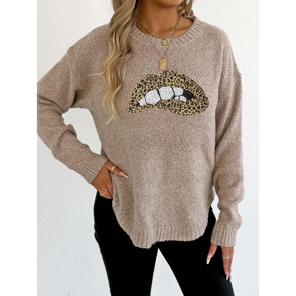 A Leopard Print Embroidered Sequined Lip Personalized Round-neck Pullover Sweater for Women