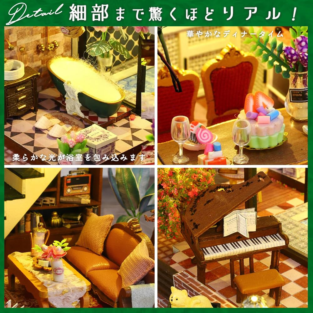 Moin Moin Dollhouse Miniature DIY Kit Set Luxury Retro X Modern LED Light Acrylic Case Music Box Cat Figure [English Instructions] Cottage, Mansion,
