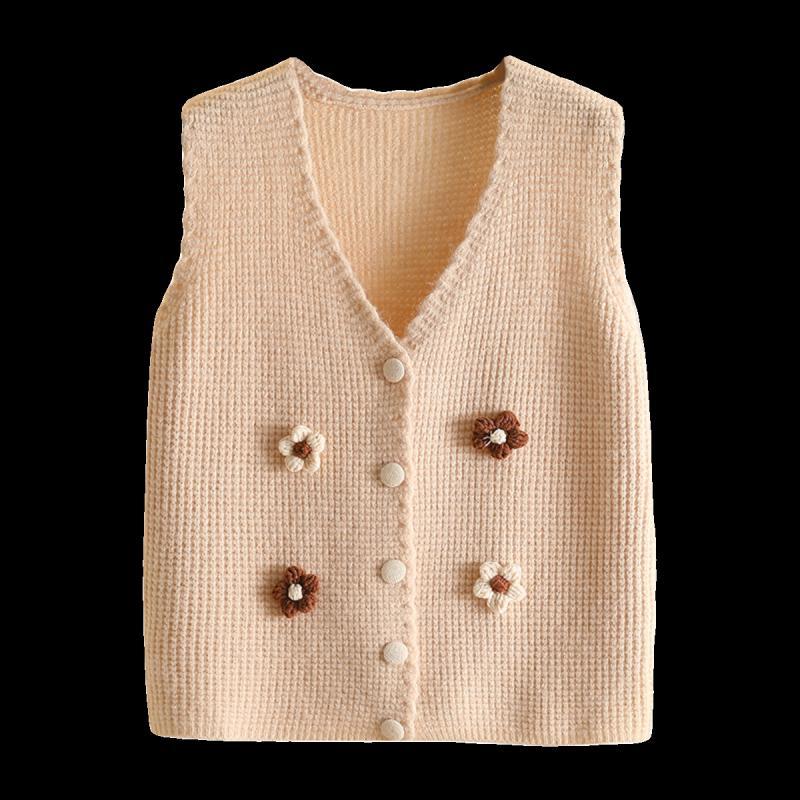 Handgefertigte gestrickte Weste mit Blumenapplikationen, modischer V-Ausschnitt, ärmellose kurze Strickjacke für Frühling und Herbst
