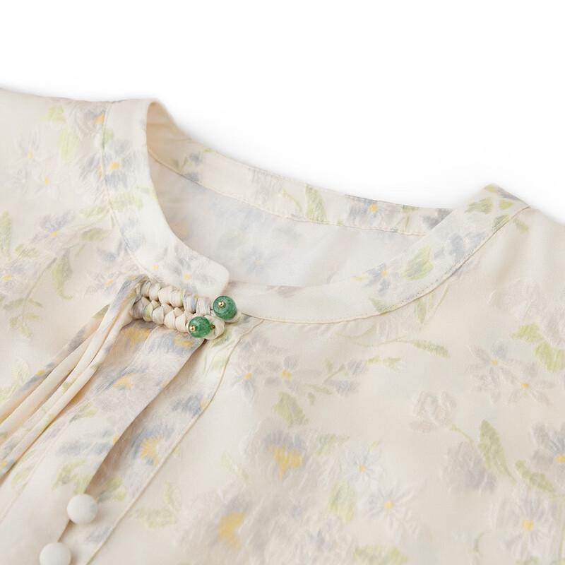Camicetta da Donna in Seta 19 Momme Nuovo Stile Cinese con Maniche a Palloncino