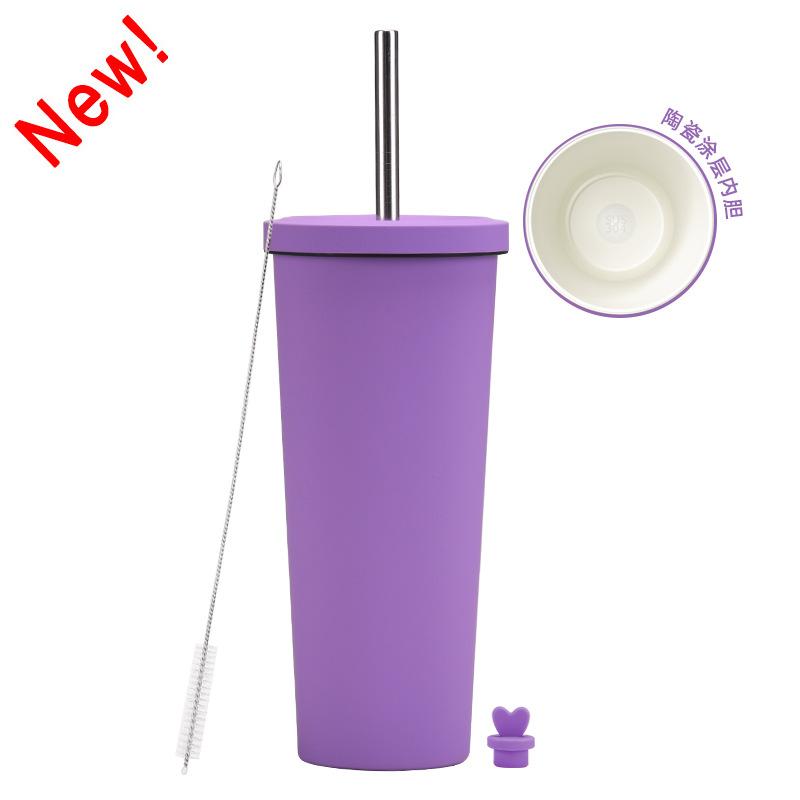 2025 Ceramic Liner Milk Tea Cup Large Capacity 830Ml Thermos Cup Stainless Steel Straw Cup