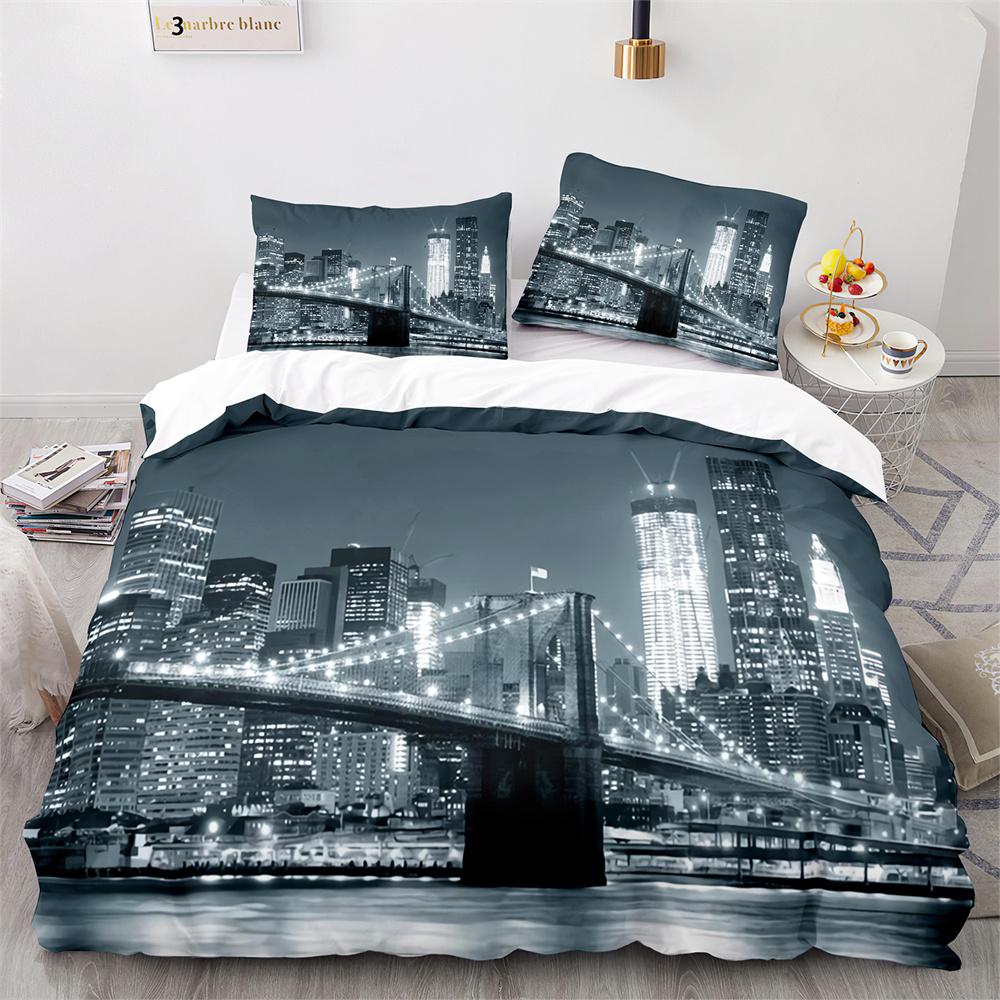 American City Landscape Duvet Cover Set Statue of Liberty Pattern King Queen Size Comforter Cover for Teen Polyester Bedding Set