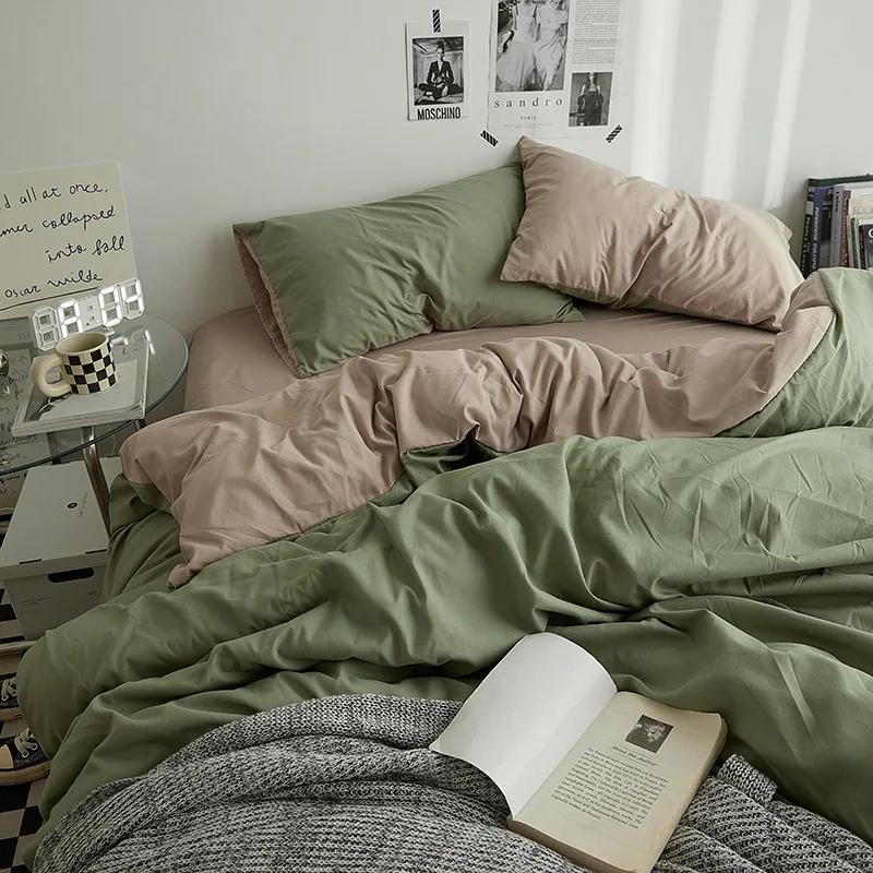 Fashion Solid Color Bed Sheet Style Duvet Cover Set Ab Double-Sided Color Matching Comfortable Sets Washed Cotton Bedding