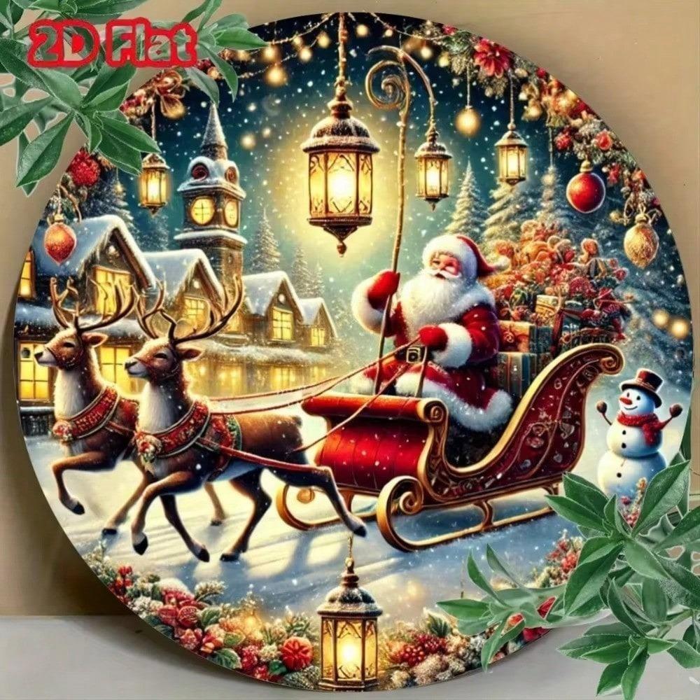Vintage Christmas Metal Wall Sign Round Santa Reindeer Holiday Home Decor Art