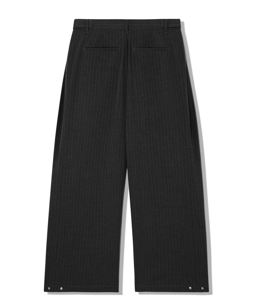 TRILLION Striped Side Pleat Snap Button Wide Slacks_Black
