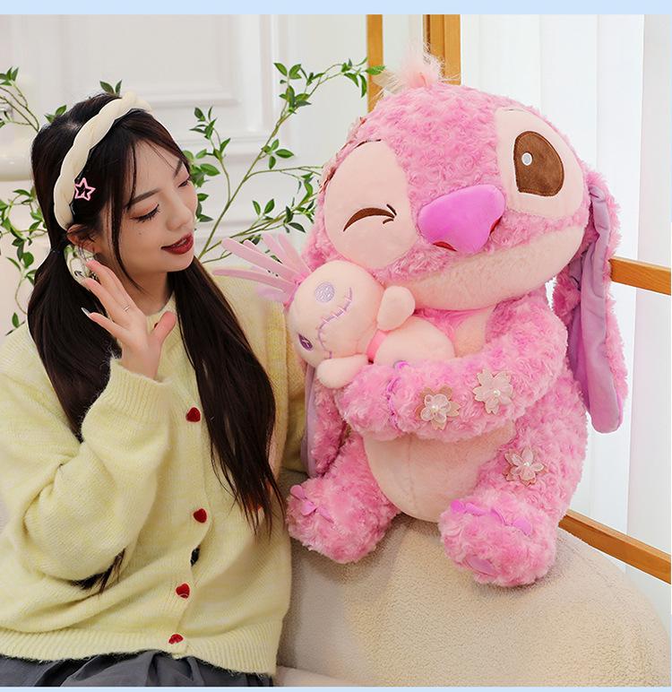 Sakura Pink Stitch Plush Toy with Flowers - Valentine's Day Gift for Girls