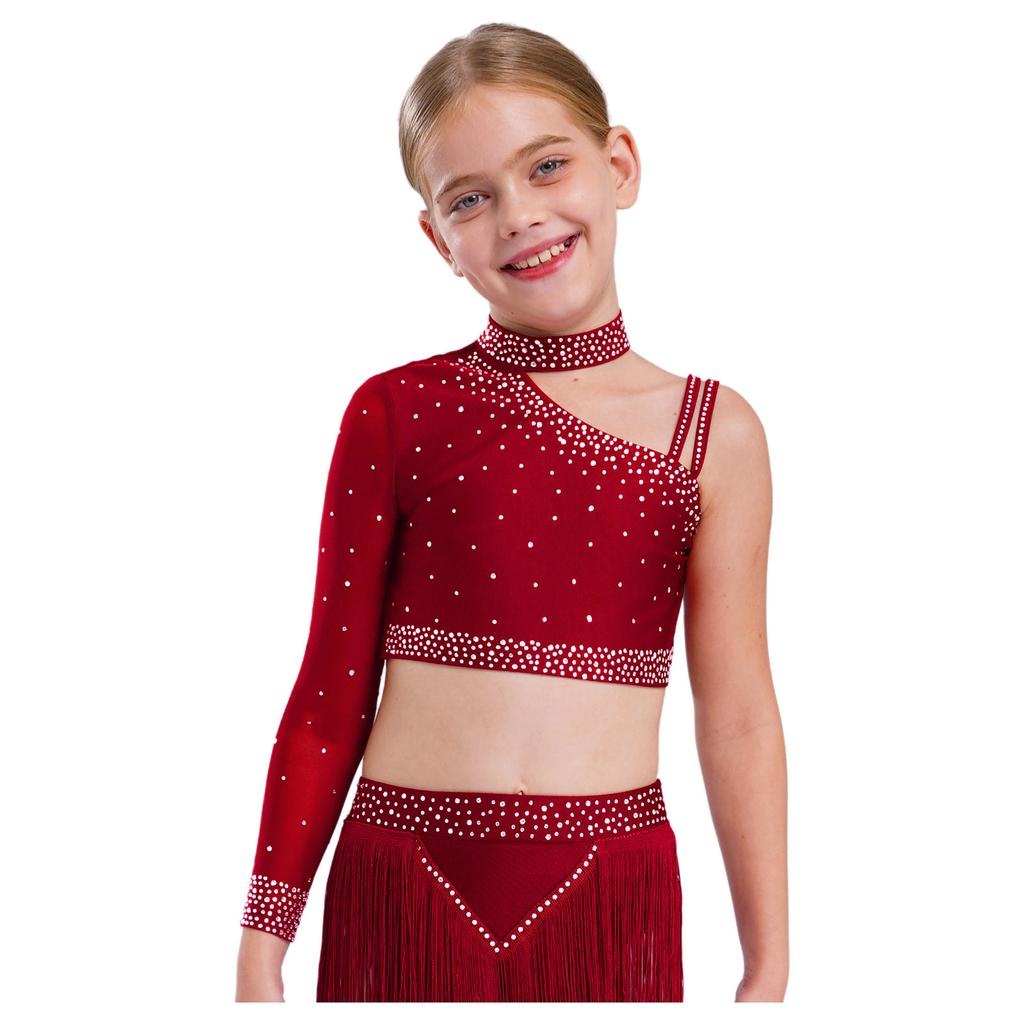 Girls Dance Costume Set Sparkly Rhinestones Crop Top with High-Low Chiffon Skirt