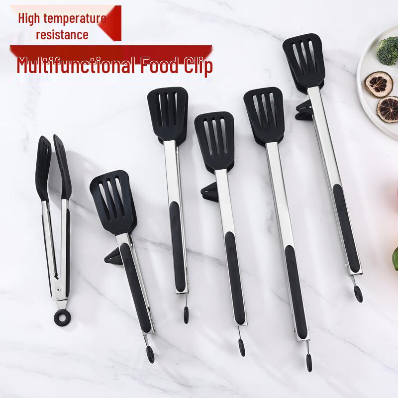 Silicone & Stainless Steel Heat-Resistant Food Tongs with Stand, 9" & 12" for BBQ, Steak, and Bread.