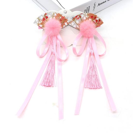 1Pair Chinese Style Kid Girl Pompom Fan Tassel Hairpins Hair Clips Accessories
