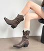 Cowhide version~ Zhao Silu retro medium tube knight boots matte pointed thick heel versatile V boots thin pile boots women