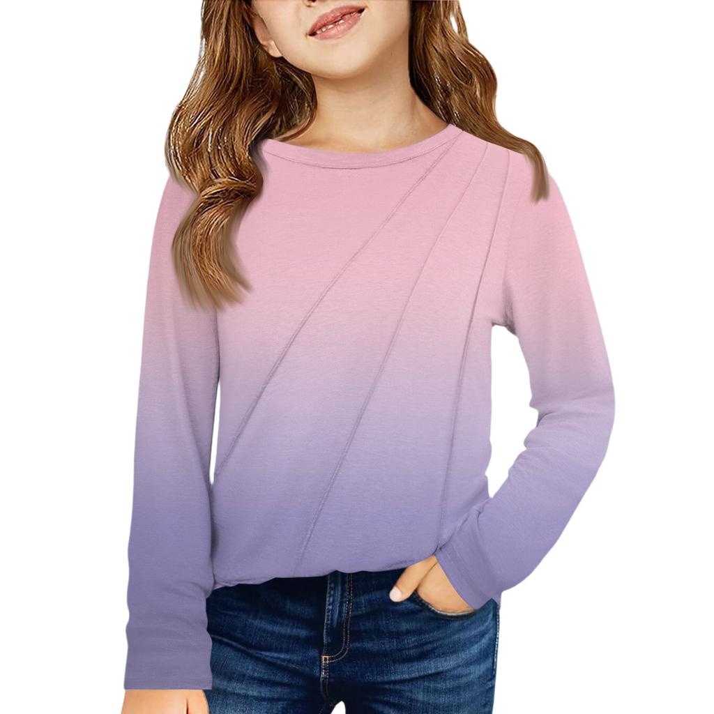 Girls' Long Sleeve Tee - Pleated Round Neck Casual Top