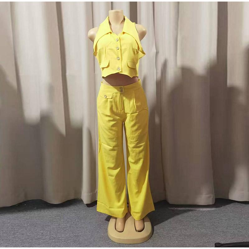 2025 spring and summer new women's solid color blouse sleeveless waist two-piece casual trousers suit