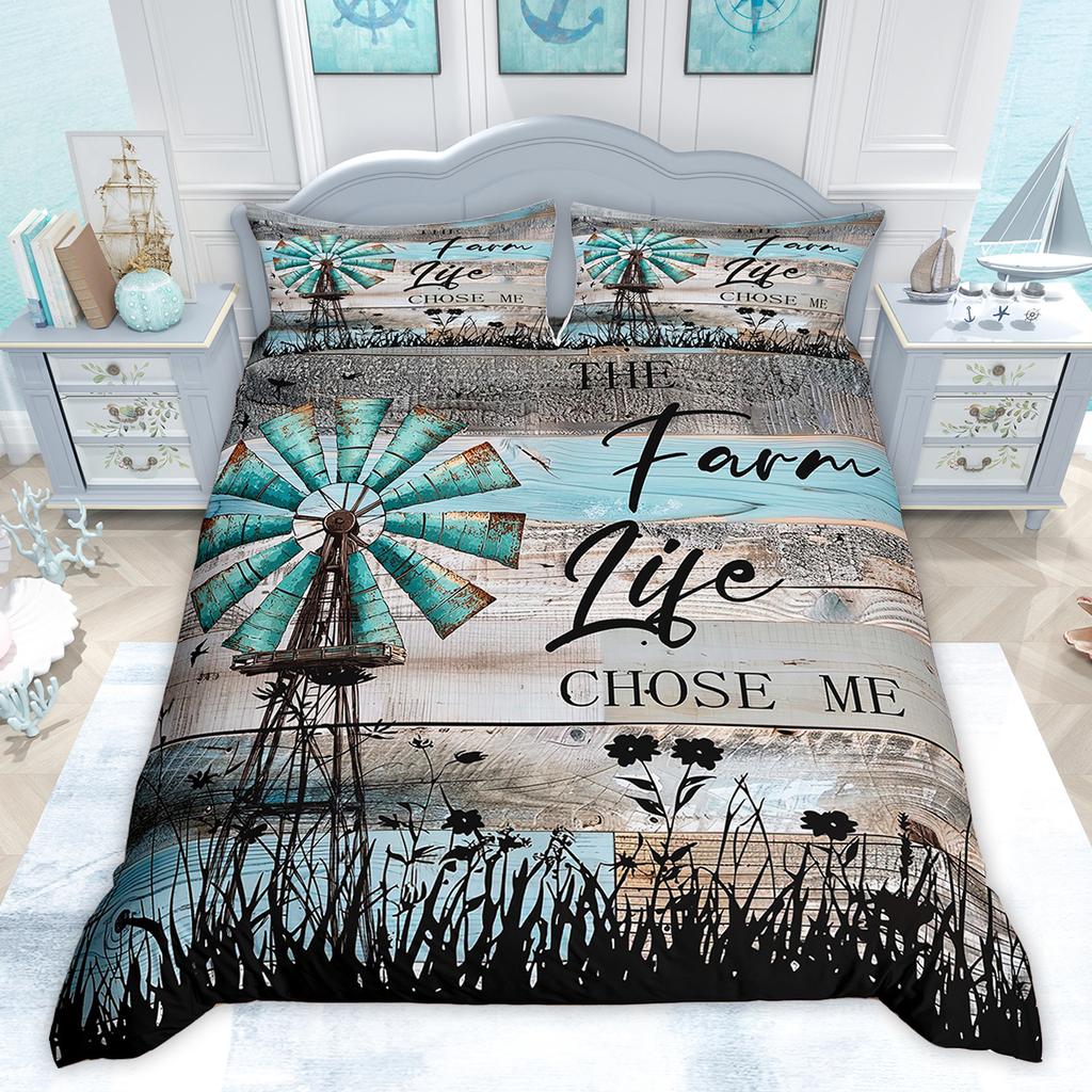 Comforter Homewish Rustic Farmhouse Retro Windmill Old Barn Door Bedding Set Vintage Lodge Cabin Comforter Set