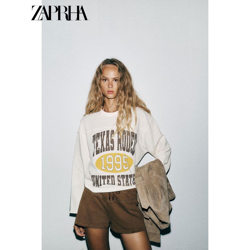 Zaprha 2025 Autumn New Women Versatile RIB Decorative Layer Contrast Color Printing round Neck Long sleeve Hoodie 3253113