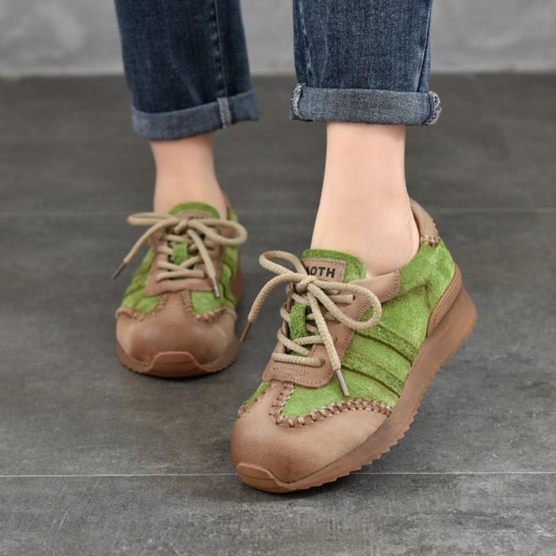 Johnature Handmade Flats Mixed Colors Lace-up Shoes Genuine Leather Casual Women's Shoes Versatile Sneakers
