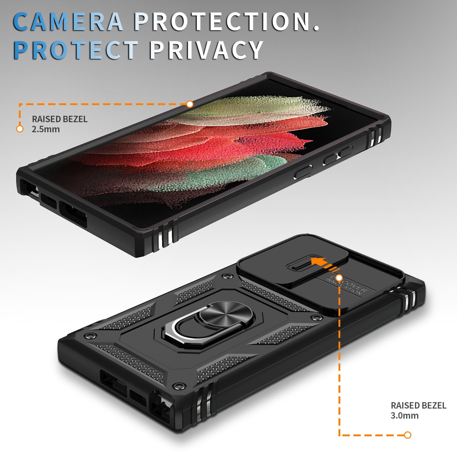 

For Samsung Galaxy S23 Ultra Protective Phone Case with Ring Kickstand Card Holder Phone Back Cover with Sliding Camera Lid Pink/Dark Red