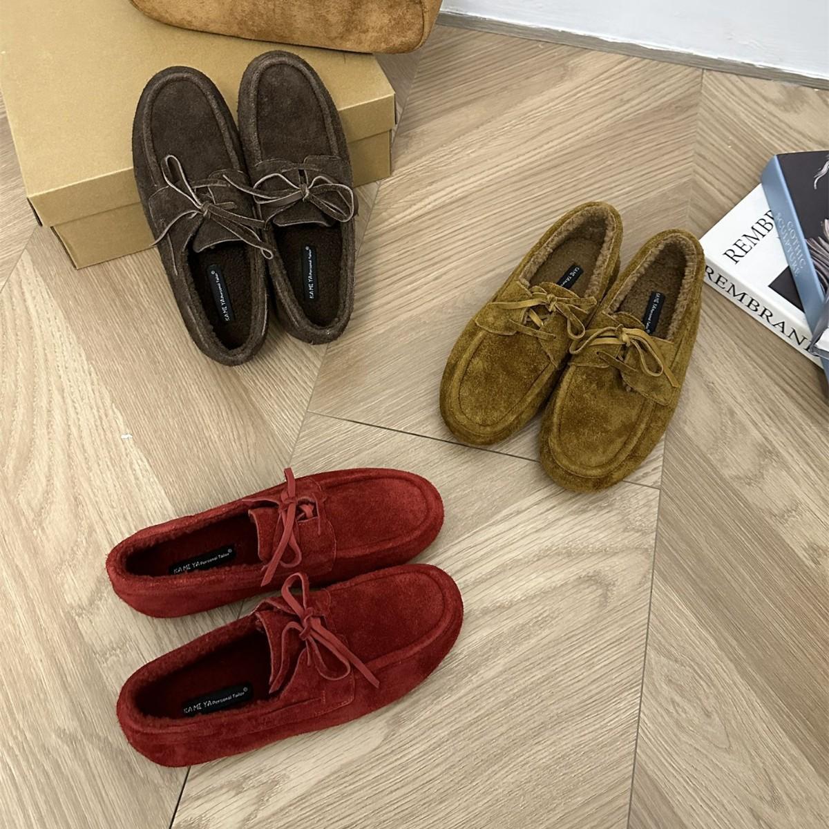 

2025 autumn and winter new round head leather matte lace-up piled thick-soled lace-up soft-soled foot-covering warm women s single shoes 40 красный