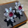 Damen Weiße Rote Zirkonstein Blume Creolen Vintage Mode Silberfarbe Hochzeit Für Frauen